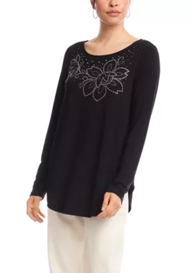 Women's Long Sleeve Embellished Shirttail Top