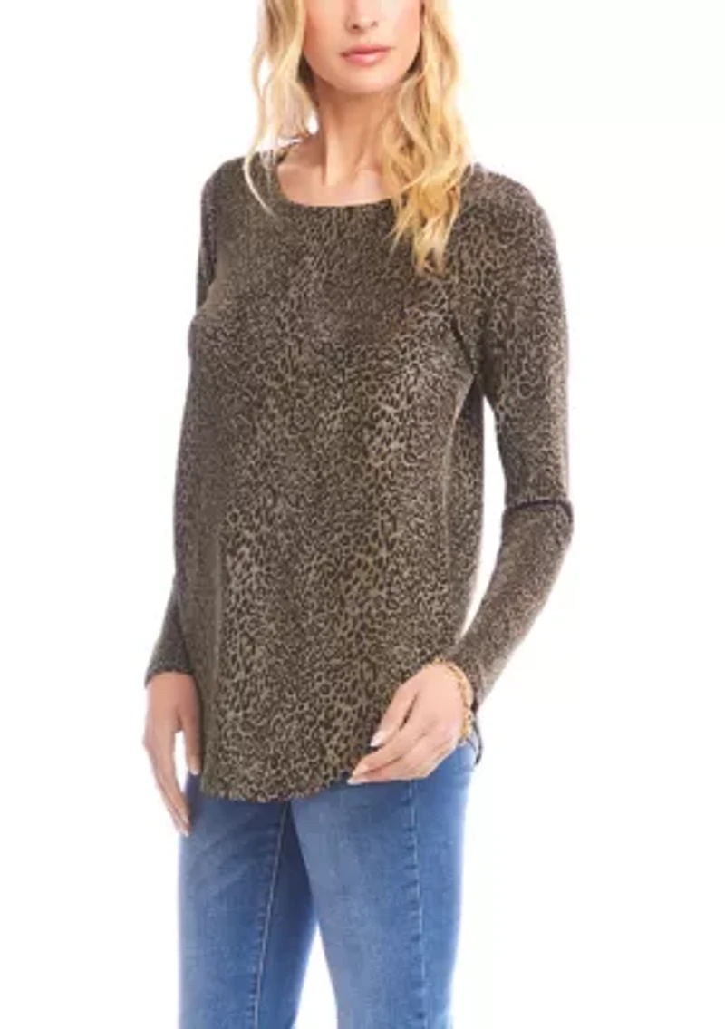 Petite Long Sleeve Metallic Knit Shirttail Top