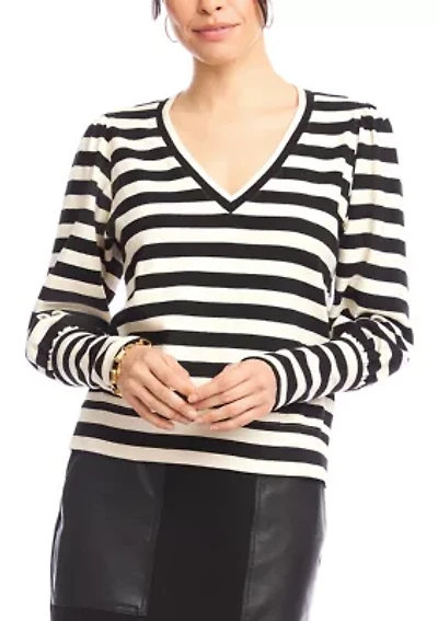 Petite Stripe Bishop Sleeve V-Neck Top