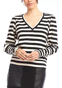Petite Stripe Bishop Sleeve V-Neck Top