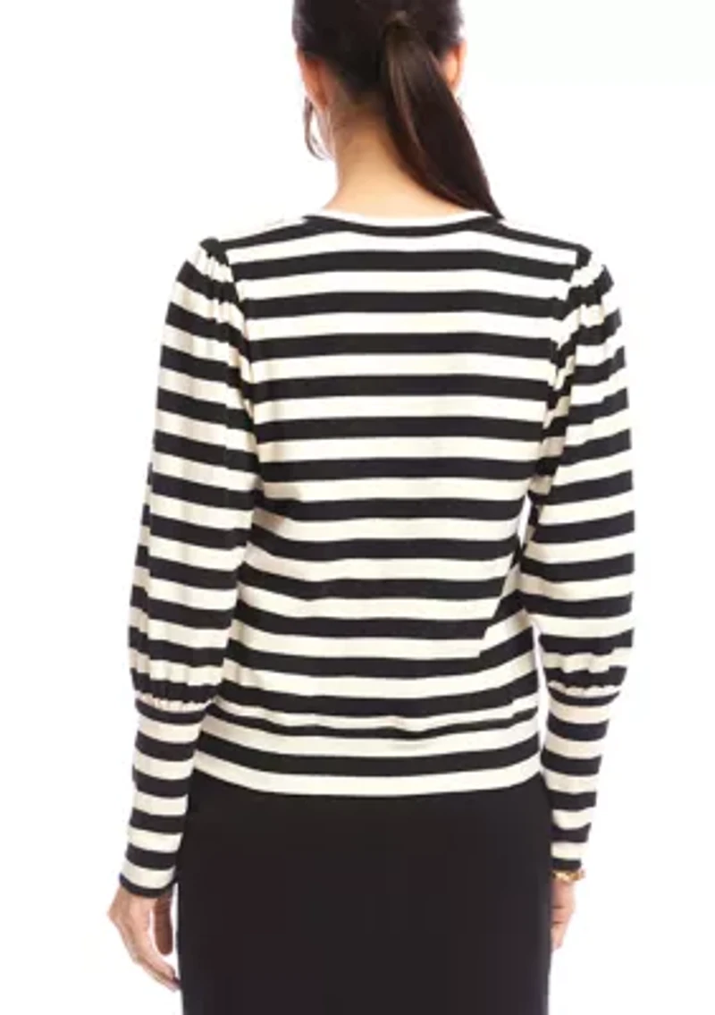 Petite Stripe Bishop Sleeve V-Neck Top
