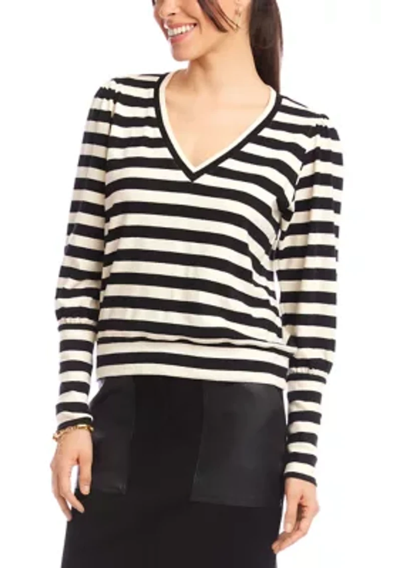 Petite Stripe Bishop Sleeve V-Neck Top