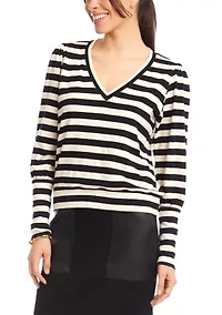 Petite Stripe Bishop Sleeve V-Neck Top