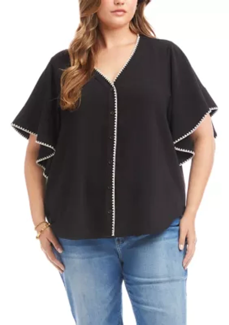 Plus Flutter Sleeve Edge Stitch Top
