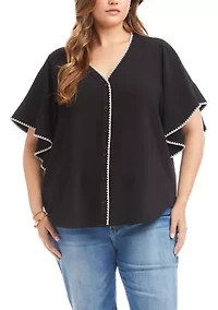 Plus Flutter Sleeve Edge Stitch Top