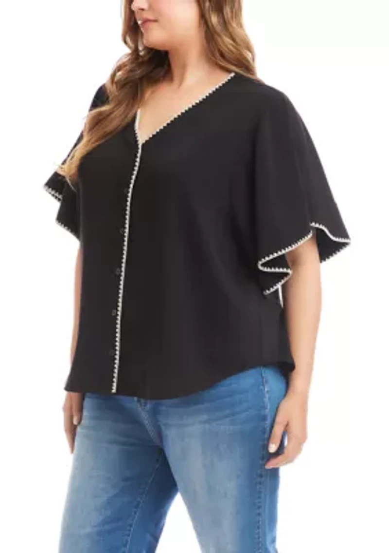 Plus Flutter Sleeve Edge Stitch Top