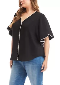 Plus Flutter Sleeve Edge Stitch Top