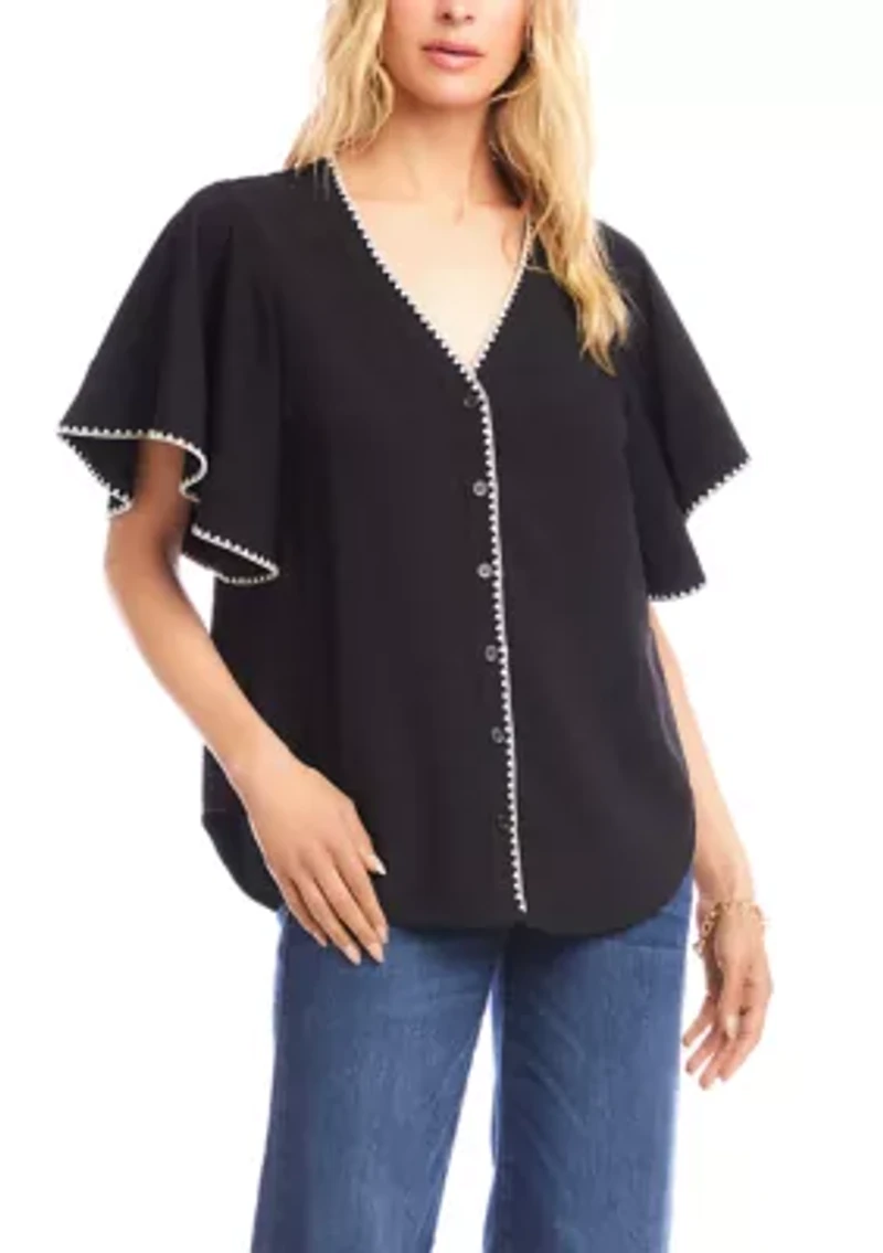 Women's Flutter Sleeve Edge Stitch Top