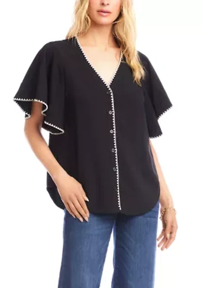 Women's Flutter Sleeve Edge Stitch Top