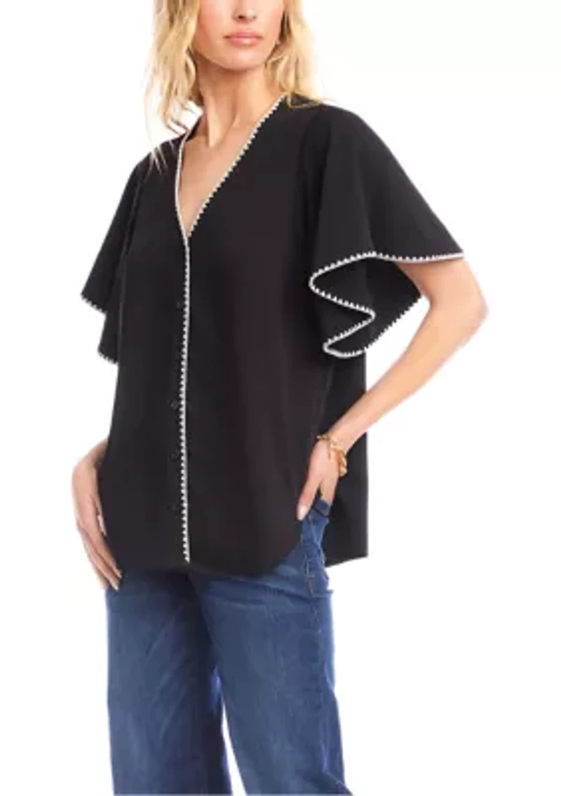 Women's Flutter Sleeve Edge Stitch Top