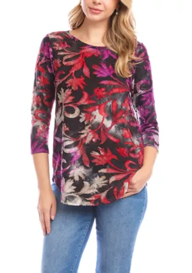 Petite 3/4 Sleeve Burnout Shirttail Top