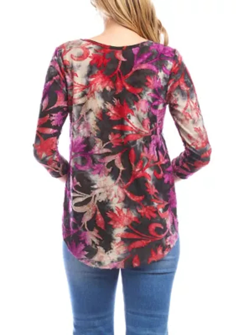 Petite 3/4 Sleeve Burnout Shirttail Top