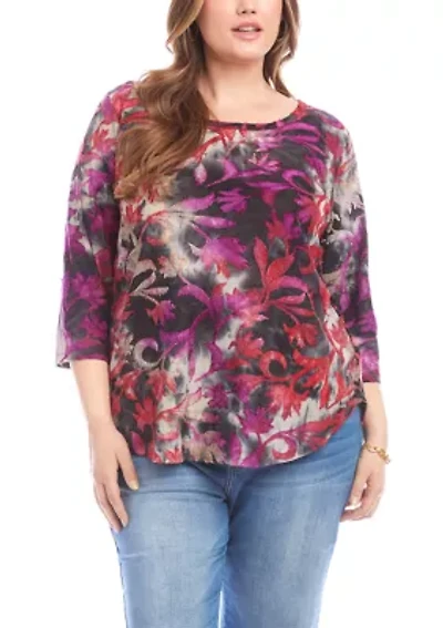 Plus 3/4 Sleeve Burnout Shirttail Top