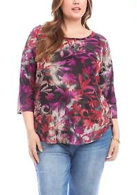Plus 3/4 Sleeve Burnout Shirttail Top