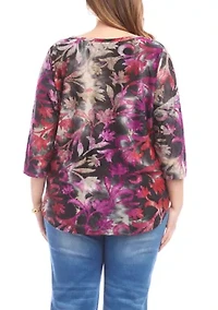 Plus 3/4 Sleeve Burnout Shirttail Top