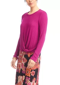 Women's Ribbed Long Sleeve Drape Front Crossover Top