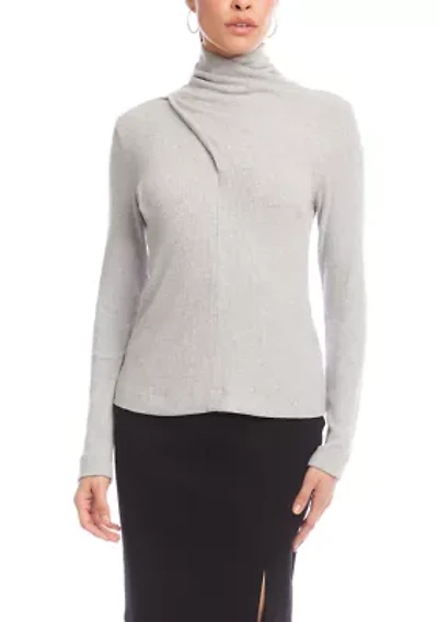 Women's Ribbed Faux Wrap Turtleneck