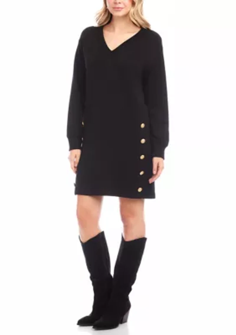 Women's Long Sleeve V-Neck Button Detail Dress