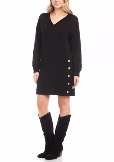 Women's Long Sleeve V-Neck Button Detail Dress