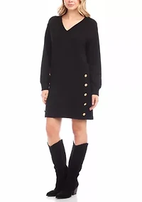 Women's Long Sleeve V-Neck Button Detail Dress