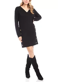 Women's Long Sleeve V-Neck Button Detail Dress
