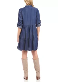 Petite Roll Tab Tiered Shirtdress