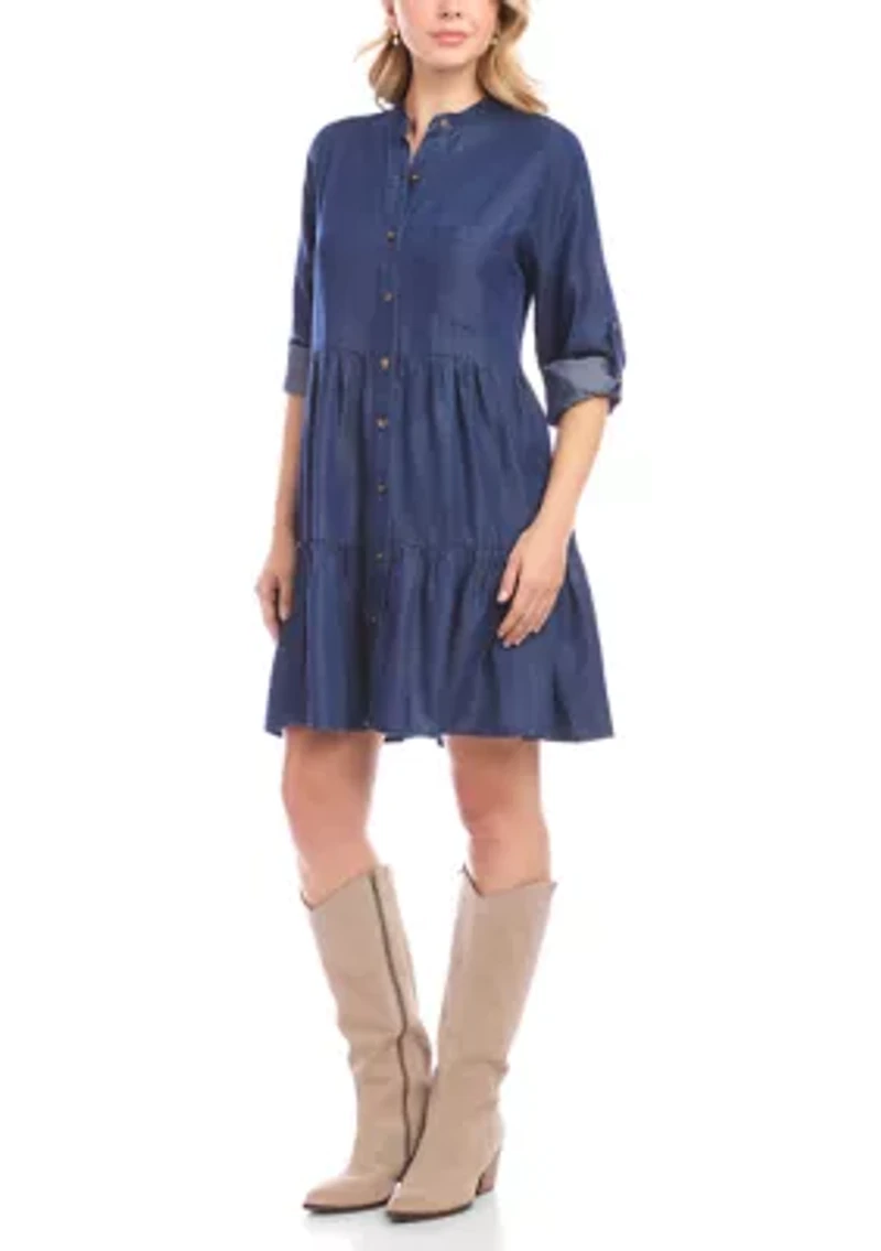 Petite Roll Tab Tiered Shirtdress