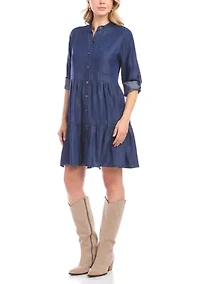 Petite Roll Tab Tiered Shirtdress