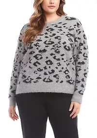 Plus Metallic Animal Print Crew Neck Sweater
