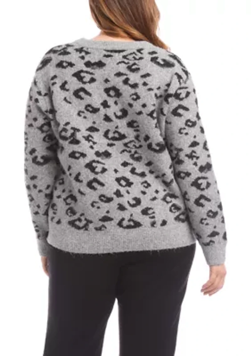 Plus Metallic Animal Print Crew Neck Sweater