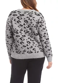 Plus Metallic Animal Print Crew Neck Sweater