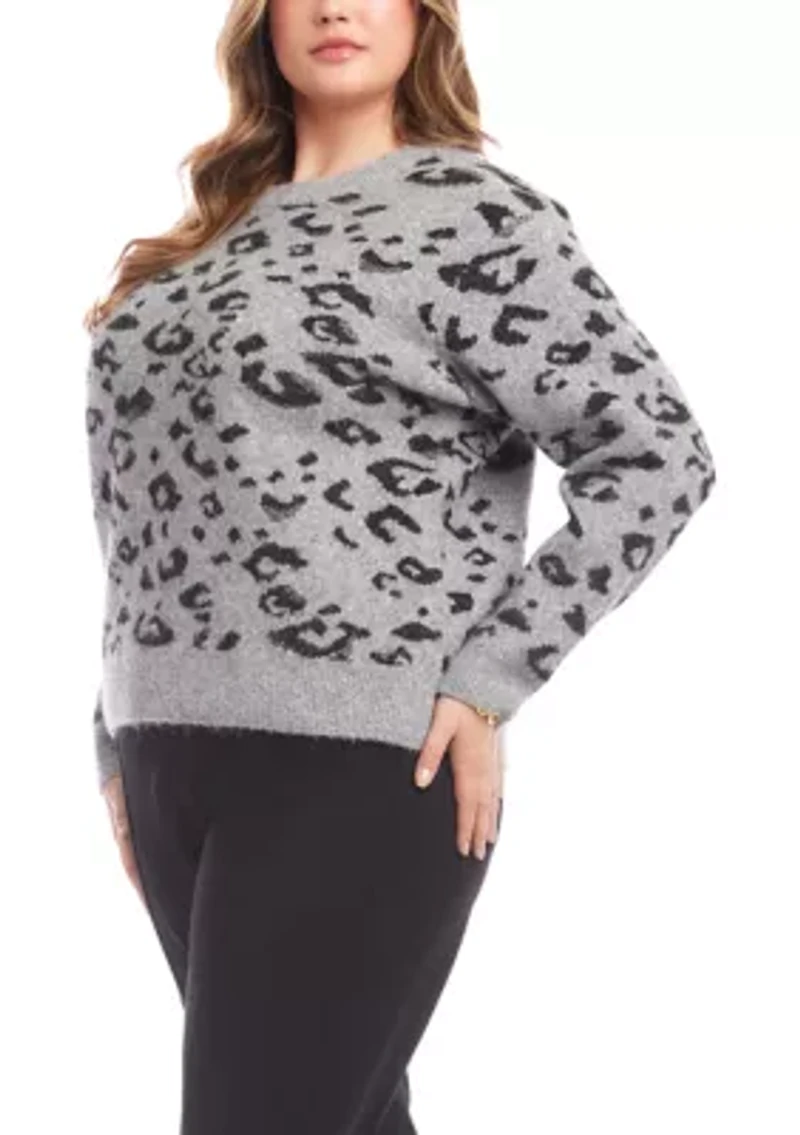 Plus Metallic Animal Print Crew Neck Sweater