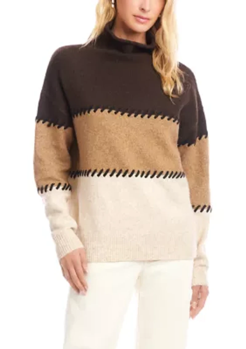 Petite Contrast Stitch Mock Neck Color Block Sweater