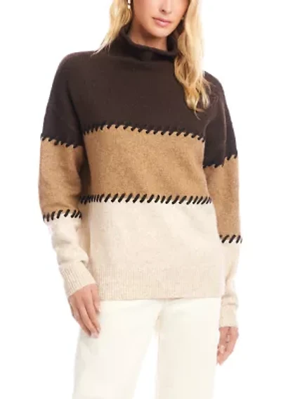 Petite Contrast Stitch Mock Neck Color Block Sweater