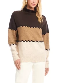 Petite Contrast Stitch Mock Neck Color Block Sweater
