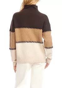 Petite Contrast Stitch Mock Neck Color Block Sweater