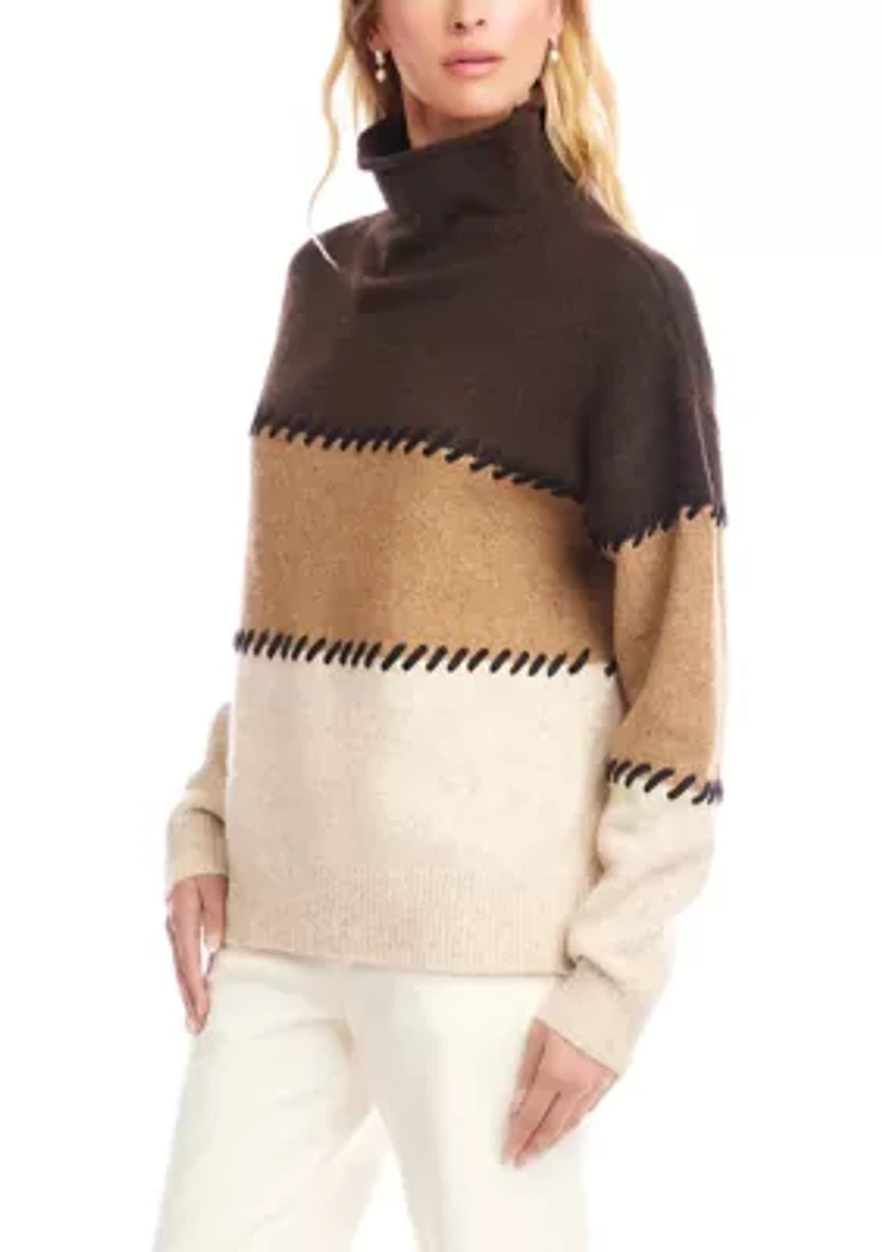 Petite Contrast Stitch Mock Neck Color Block Sweater