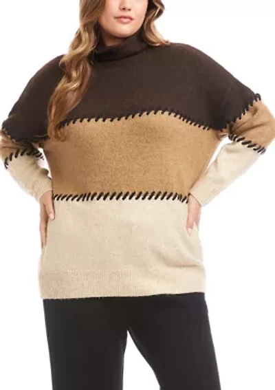Plus Contrast Stitch Mock Neck Color Block Sweater