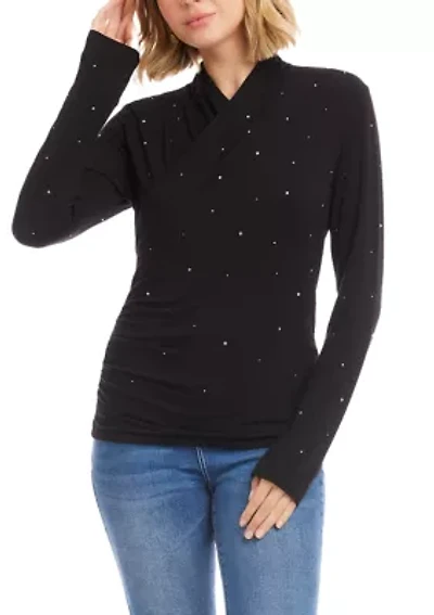 Petite Long Sleeve Embellished Drape Top