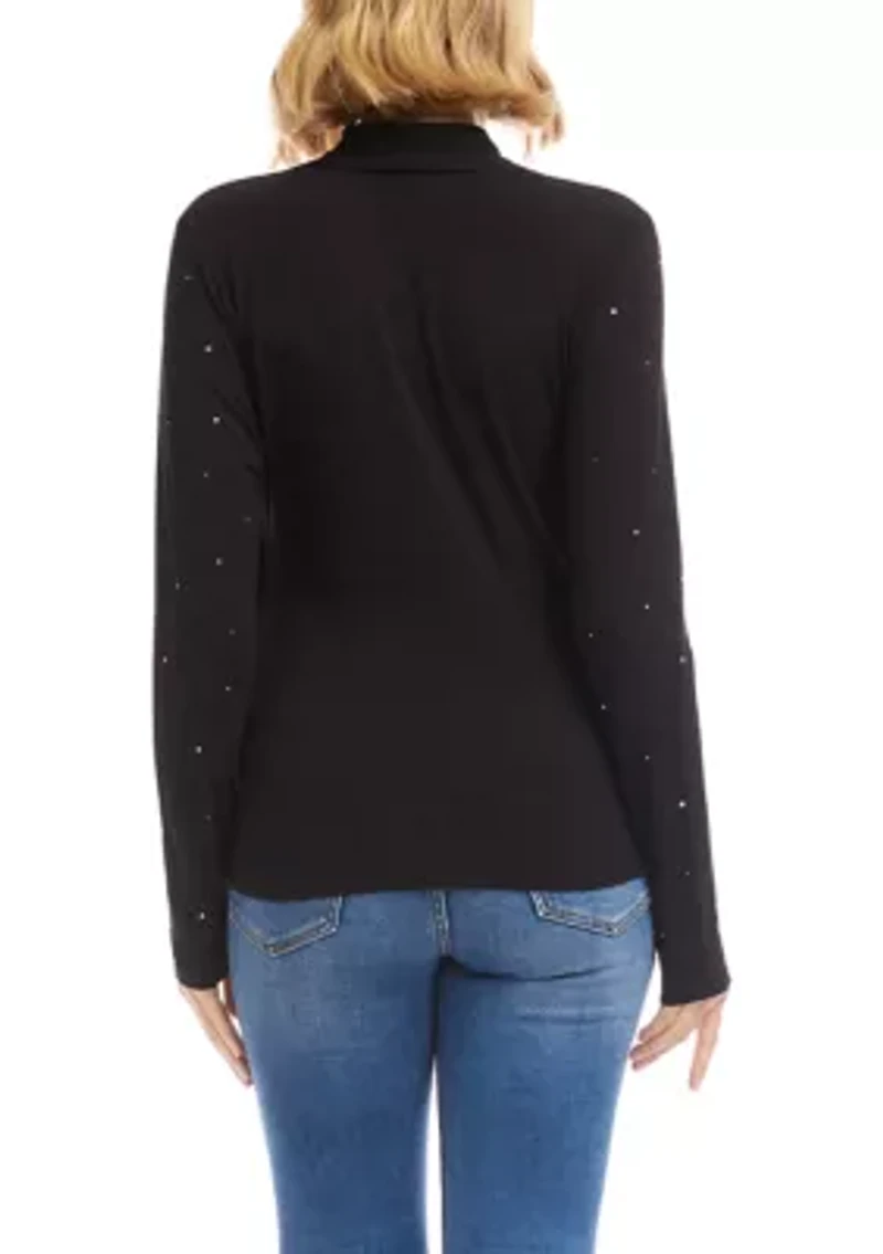 Petite Long Sleeve Embellished Drape Top