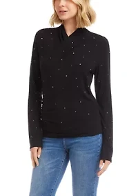 Women's Long Sleeve Embroidered Drape Front Crossover Top