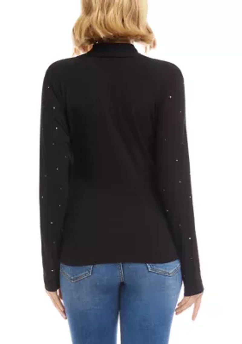 Women's Long Sleeve Embroidered Drape Front Crossover Top