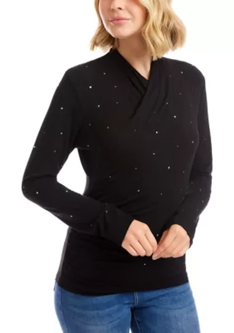 Women's Long Sleeve Embroidered Drape Front Crossover Top