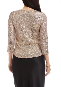 Petite 3/4 Sleeve Drape Sequin Top