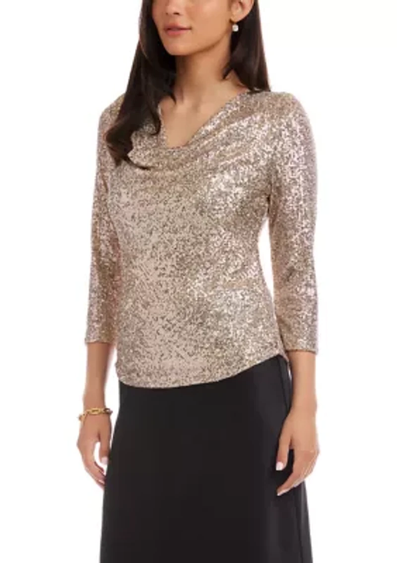 Petite 3/4 Sleeve Drape Sequin Top