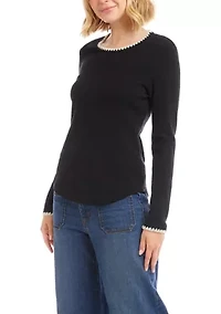 Women's Long Sleeve Edge Stitch Crew Neck Top