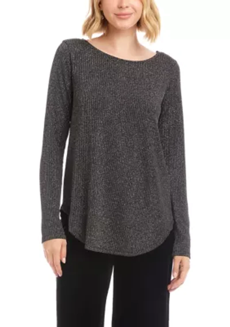 Women's Long Sleeve Metallic Stripe Shirttail Top