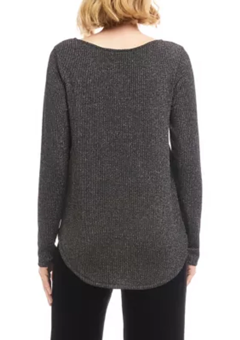 Women's Long Sleeve Metallic Stripe Shirttail Top