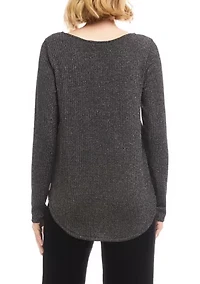 Women's Long Sleeve Metallic Stripe Shirttail Top