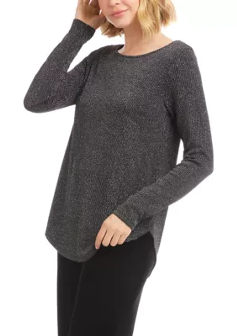 Women's Long Sleeve Metallic Stripe Shirttail Top